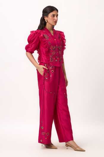 Buy_Ruchi Marodia_Fuchsia Chanderi V-neck Lotus Bloom Jaal Ruffle Top And Pant Set _Online_at_Aza_Fashions