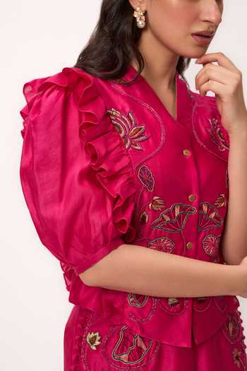 Shop_Ruchi Marodia_Fuchsia Chanderi V-neck Lotus Bloom Jaal Ruffle Top And Pant Set _Online_at_Aza_Fashions