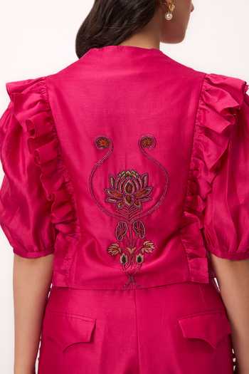 Ruchi Marodia_Fuchsia Chanderi V-neck Lotus Bloom Jaal Ruffle Top And Pant Set _at_Aza_Fashions