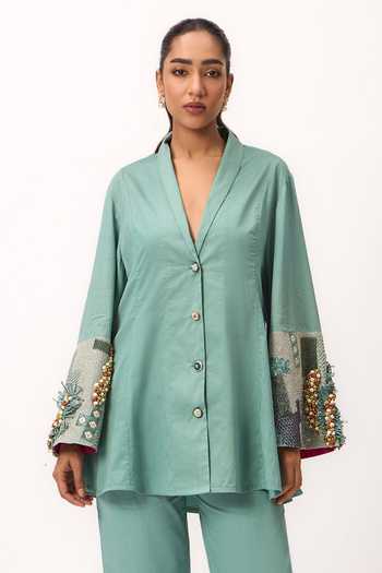 Ruchi Marodia_Green Cotton Satin Shawl Neck Shami Whisper Shirt And Pant Set _Online_at_Aza_Fashions