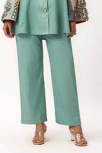 Buy_Ruchi Marodia_Green Cotton Satin Shawl Neck Shami Whisper Shirt And Pant Set _Online_at_Aza_Fashions