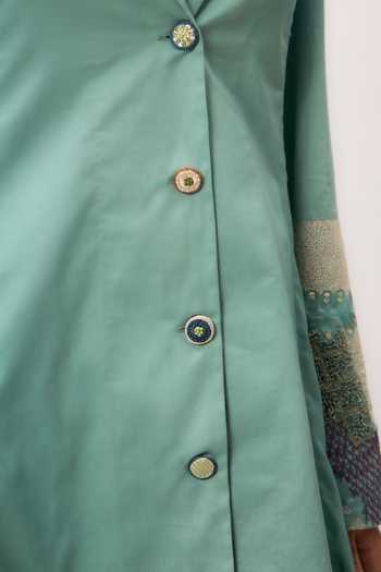 Shop_Ruchi Marodia_Green Cotton Satin Shawl Neck Shami Whisper Shirt And Pant Set _Online_at_Aza_Fashions