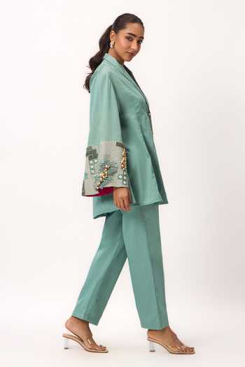 Ruchi Marodia_Green Cotton Satin Shawl Neck Shami Whisper Shirt And Pant Set _at_Aza_Fashions