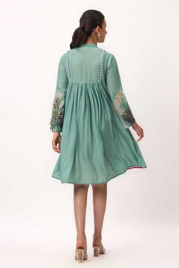 Shop Ruchi Marodia Green Muslin, Silk Split V-neck Shami Whisper Dress at Aza Fashions Shop_Ruchi Marodia_Green Muslin, Silk Split V-neck Shami Whisper Dress _at_Aza_Fashions