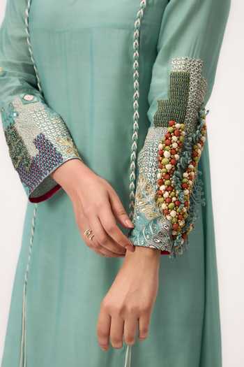 Shop Ruchi Marodia Green Muslin, Silk Split V-neck Shami Whisper Dress Online at Aza Fashions Shop_Ruchi Marodia_Green Muslin, Silk Split V-neck Shami Whisper Dress _Online_at_Aza_Fashions