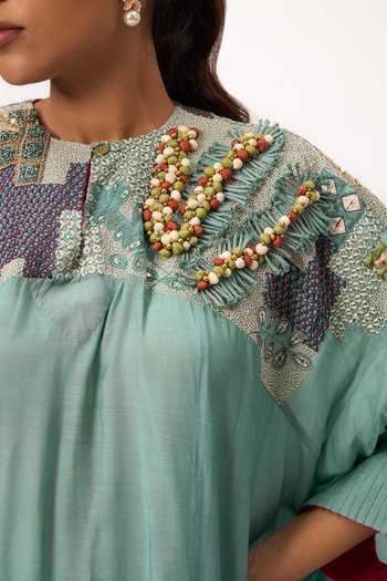 Shop_Ruchi Marodia_Green Silk, Muslin Round Neck, Yes Shami Whisper Embroidered Kurta And Pant Set _Online_at_Aza_Fashions