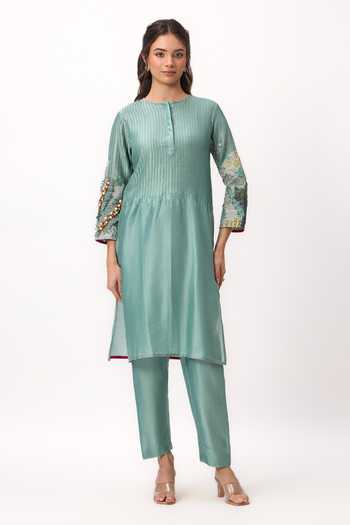 Shop_Ruchi Marodia_Green Chanderi Round Neck Shami Whisper Kurta Set _Online_at_Aza_Fashions