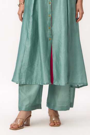 Buy_Ruchi Marodia_Green Chanderi V-neck Shami Whisper Panelled Kurta Set _Online_at_Aza_Fashions