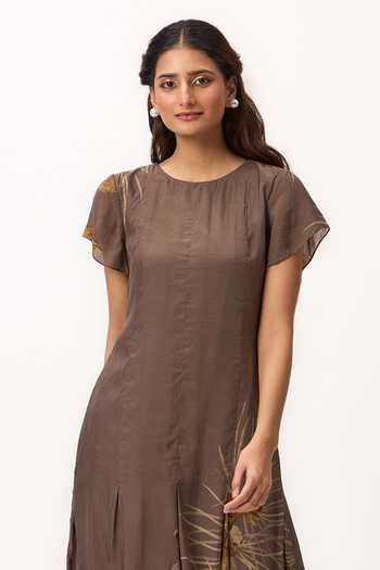 Buy_Ruchi Marodia_Brown Silk, Muslin Round Neck Watercolor Print Dress _Online_at_Aza_Fashions
