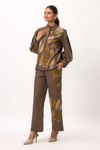 Buy Ruchi Marodia Brown Poplin Watercolor Print Top And Pant Set Online at Aza Fashions Buy_Ruchi Marodia_Brown Poplin Watercolor Print Top And Pant Set _Online_at_Aza_Fashions
