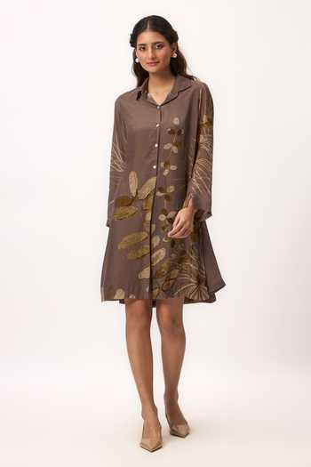 Ruchi Marodia_Brown Chanderi Collared, Button-down Neck Watercolour Shami Print Dress _Online_at_Aza_Fashions