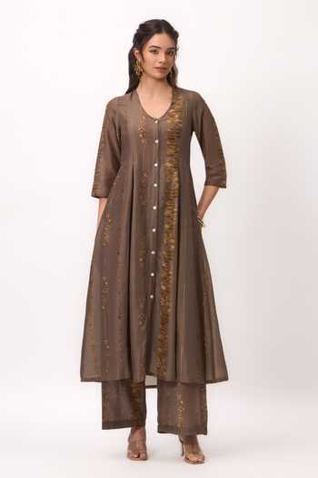 Shop_Ruchi Marodia_Brown Chanderi V-neck, Yes Printed Kurta Set _Online_at_Aza_Fashions
