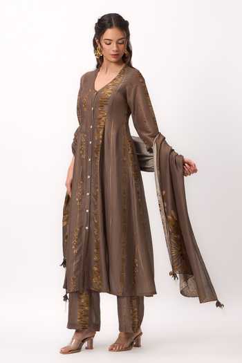 Buy_Ruchi Marodia_Brown Chanderi V-neck, Yes Printed Kurta Set 