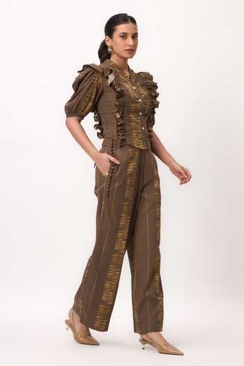 Ruchi Marodia_Brown Cotton Satin V-neck Stripe Print Ruffle Top And Pant Set _Online_at_Aza_Fashions