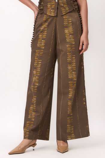 Buy_Ruchi Marodia_Brown Cotton Satin V-neck Stripe Print Ruffle Top And Pant Set _Online_at_Aza_Fashions
