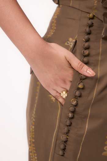 Shop_Ruchi Marodia_Brown Cotton Satin V-neck Stripe Print Ruffle Top And Pant Set _Online_at_Aza_Fashions