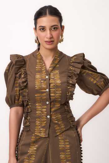 Ruchi Marodia_Brown Cotton Satin V-neck Stripe Print Ruffle Top And Pant Set _at_Aza_Fashions