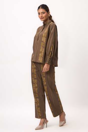 Ruchi Marodia_Brown Cotton Satin Mandarin Collar Stripe Print Shirt And Pant Set _Online_at_Aza_Fashions