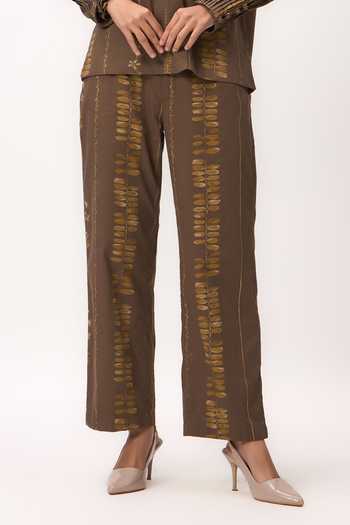 Buy_Ruchi Marodia_Brown Cotton Satin Mandarin Collar Stripe Print Shirt And Pant Set _Online_at_Aza_Fashions