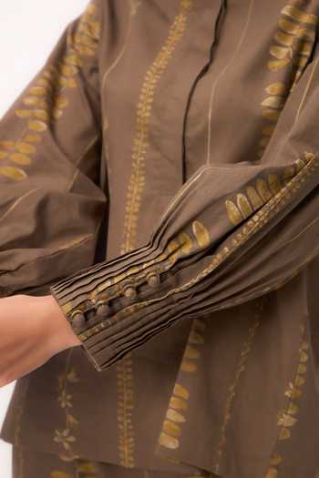 Shop_Ruchi Marodia_Brown Cotton Satin Mandarin Collar Stripe Print Shirt And Pant Set _Online_at_Aza_Fashions
