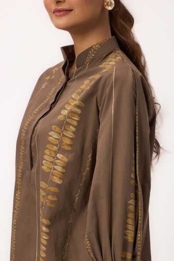 Ruchi Marodia_Brown Cotton Satin Mandarin Collar Stripe Print Shirt And Pant Set _at_Aza_Fashions