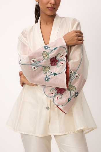 Shop_Ruchi Marodia_Off White Chanderi Shawl Neck Lotus Placement Embroidered Shirt And Pant Set _Online_at_Aza_Fashions