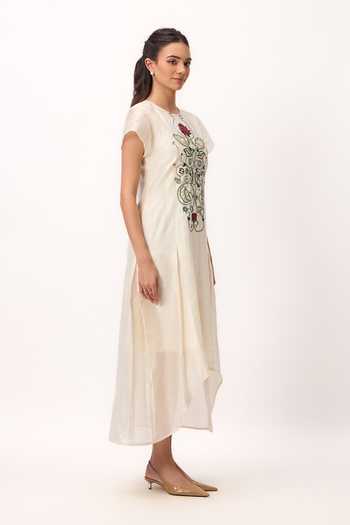 Ruchi Marodia_Off White Chanderi Round Neck Lotus Jaal Dress _Online_at_Aza_Fashions