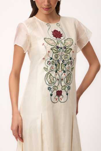 Buy_Ruchi Marodia_Off White Chanderi Round Neck Lotus Jaal Dress _Online_at_Aza_Fashions