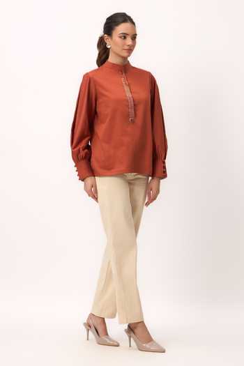 Ruchi Marodia_Orange Cotton Satin Mandarin Collar Shami Whisper Shirt _Online_at_Aza_Fashions