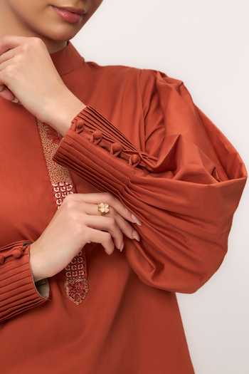 Buy_Ruchi Marodia_Orange Cotton Satin Mandarin Collar Shami Whisper Shirt _Online_at_Aza_Fashions