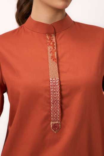 Shop_Ruchi Marodia_Orange Cotton Satin Mandarin Collar Shami Whisper Shirt _Online_at_Aza_Fashions