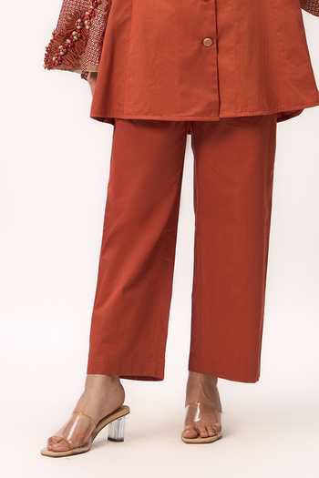 Ruchi Marodia_Orange Cotton Satin Shawl Neck Shami Whisper Shirt And Pant Set _Online_at_Aza_Fashions