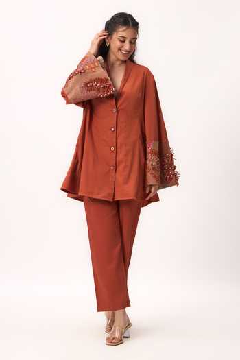 Buy_Ruchi Marodia_Orange Cotton Satin Shawl Neck Shami Whisper Shirt And Pant Set _Online_at_Aza_Fashions