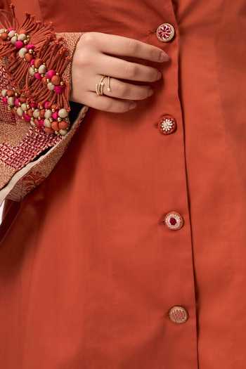 Shop_Ruchi Marodia_Orange Cotton Satin Shawl Neck Shami Whisper Shirt And Pant Set _Online_at_Aza_Fashions