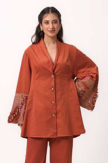 Ruchi Marodia_Orange Cotton Satin Shawl Neck Shami Whisper Shirt And Pant Set _at_Aza_Fashions