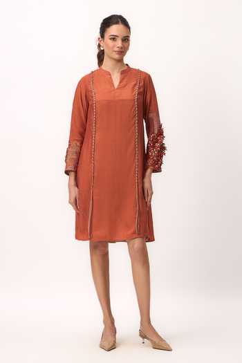 Ruchi Marodia_Orange Silk, Muslin Split V-neck Shami Whisper Dress _Online_at_Aza_Fashions