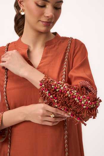 Buy_Ruchi Marodia_Orange Silk, Muslin Split V-neck Shami Whisper Dress _Online_at_Aza_Fashions