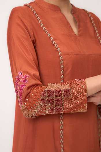 Shop_Ruchi Marodia_Orange Silk, Muslin Split V-neck Shami Whisper Dress _Online_at_Aza_Fashions