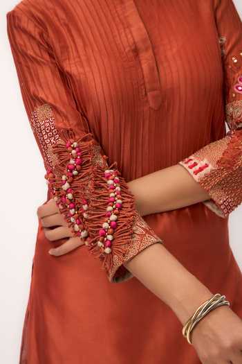 Shop_Ruchi Marodia_Orange Chanderi Mandarin Collar Shami Whisper Kurta Set _Online_at_Aza_Fashions