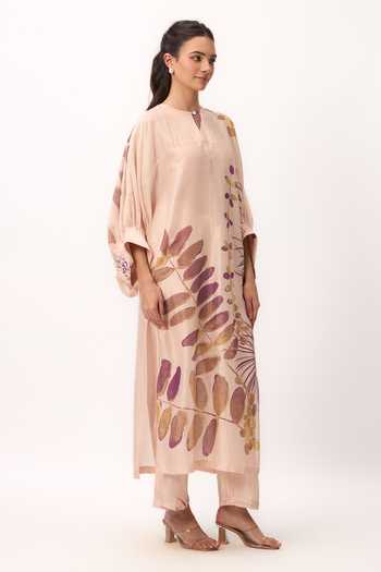 Buy_Ruchi Marodia_Pink Chanderi Round Neck, Yes Watercolor Print Kurta And Pant Set _Online_at_Aza_Fashions