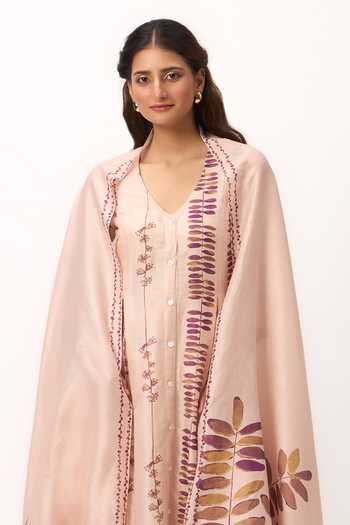 Shop_Ruchi Marodia_Pink Chanderi V-neck Watercolor Stripe Print Kurta Set 