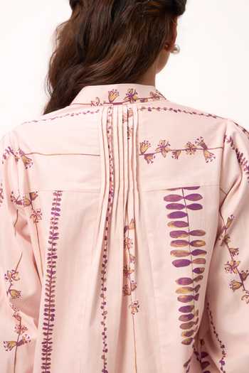 Ruchi Marodia_Pink Chanderi Band Collar Stripe Print Shirt And Pant Set _Online_at_Aza_Fashions