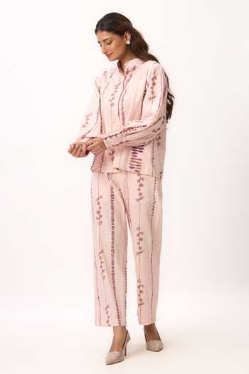 Buy_Ruchi Marodia_Pink Chanderi Band Collar Stripe Print Shirt And Pant Set _Online_at_Aza_Fashions