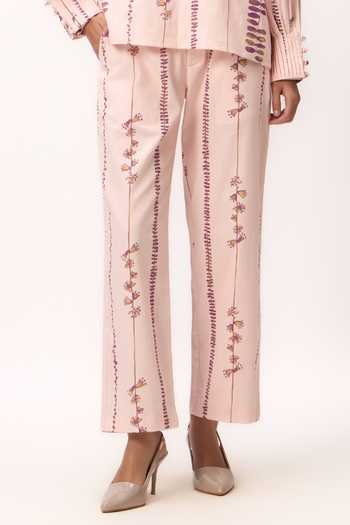 Shop_Ruchi Marodia_Pink Chanderi Band Collar Stripe Print Shirt And Pant Set _Online_at_Aza_Fashions