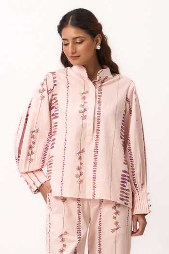 Ruchi Marodia_Pink Chanderi Band Collar Stripe Print Shirt And Pant Set _at_Aza_Fashions