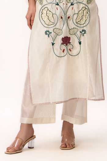 Buy_Ruchi Marodia_Off White Chanderi Round Neck, Yes Lotus Jaal Kurta And Pant Set _Online_at_Aza_Fashions