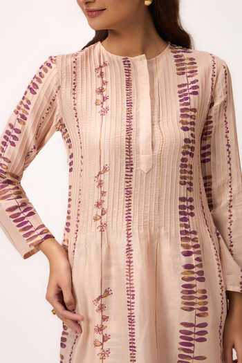 Ruchi Marodia_Pink Chanderi Round Neck, Yes Stripe Print Kurta Set _Online_at_Aza_Fashions