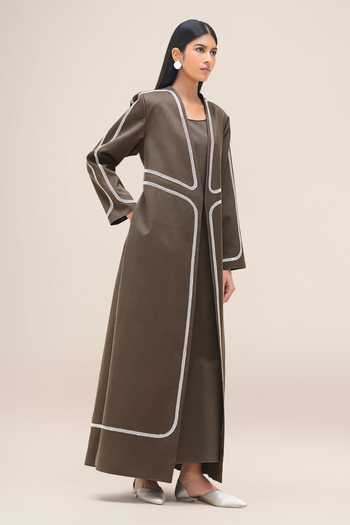 Ampm_Grey Cotton, Linen Scoop Neck Ravida Abaya And Dress Set _Online_at_Aza_Fashions