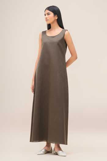 Buy_Ampm_Grey Cotton, Linen Scoop Neck Ravida Abaya And Dress Set _Online_at_Aza_Fashions