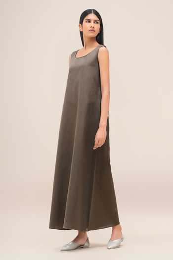 Shop_Ampm_Grey Cotton, Linen Scoop Neck Ravida Abaya And Dress Set _Online_at_Aza_Fashions
